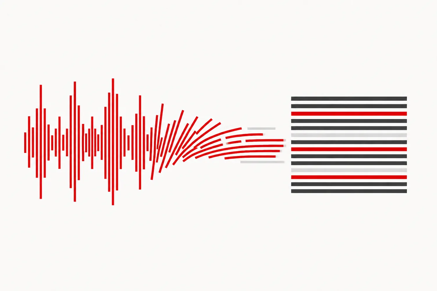 Une onde sonore rouge se transformant progressivement en lignes de texte, symbolisant la transcription de la parole en compte rendu écrit.