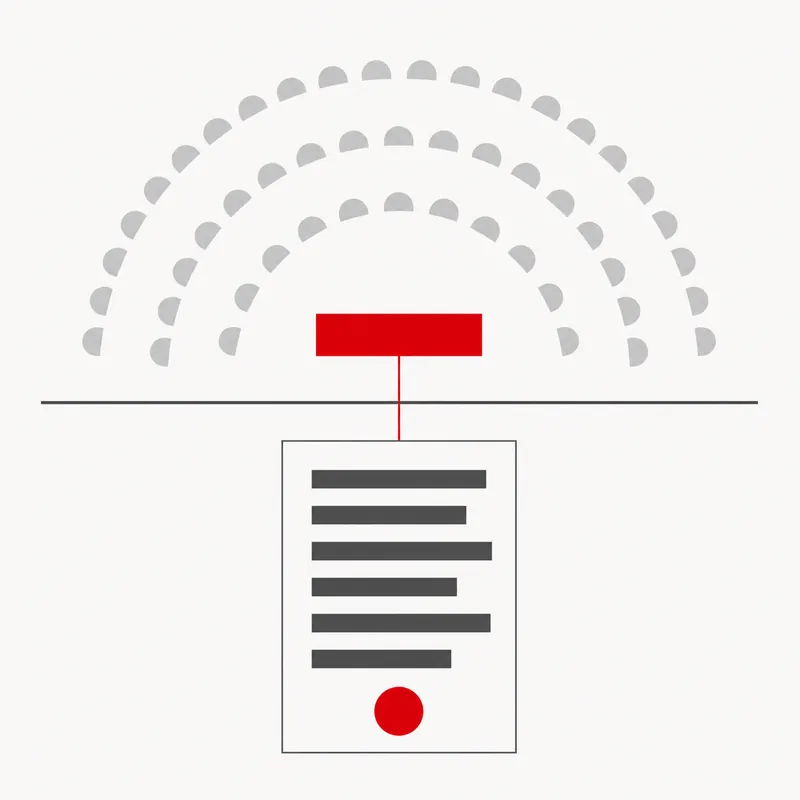 Vue de dessus stylisée d'un hémicycle de conseil municipal, relié à la délibération écrite et scellée qui en résulte.